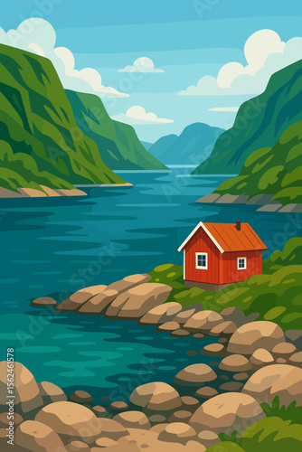 Scenic Scandinavian fjord landscape with a red wooden house on a rocky shore. Norway's tranquil nature with green mountains and blue water. Vector illustration for travel and tourism.