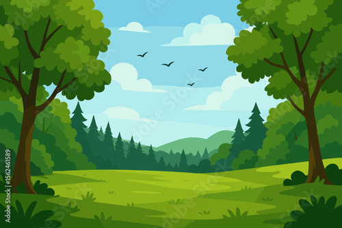 Cartoon summer landscape vector background. Beautiful nature scenery with a green meadow, forest on hills, and trees. Peaceful park or countryside scene with a blue sky and clouds.