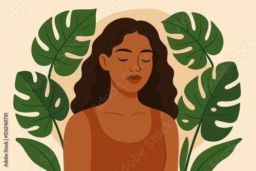 Serene woman with closed eyes surrounded by tropical monstera leaves. Natural beauty, self care, harmony with nature. Mental health and wellness concept. Modern flat vector illustration.