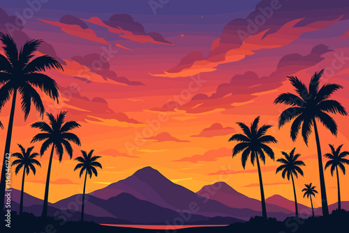 Tropical sunset landscape with palm tree silhouettes. Panoramic paradise view of beach, mountains, and ocean. Summer vacation travel vector background with vibrant orange sky and clouds.