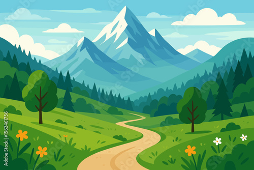 Mountain landscape vector illustration. Winding road to snow-capped peaks. Summer nature scenery with green valley, forest, and flowers. Outdoor adventure, hiking, and travel concept.