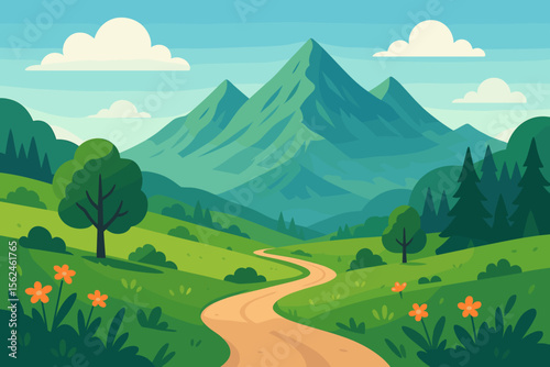 Stunning mountain landscape with winding path through green meadows, hills, and forest. Vector illustration for nature, hiking, travel, and adventure concepts. Cartoon summer scenery.