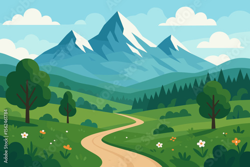 Scenic mountain landscape vector illustration. Winding path through green meadows and forest towards snowy peaks. Summer nature background concept for travel, hiking, and outdoor adventure.