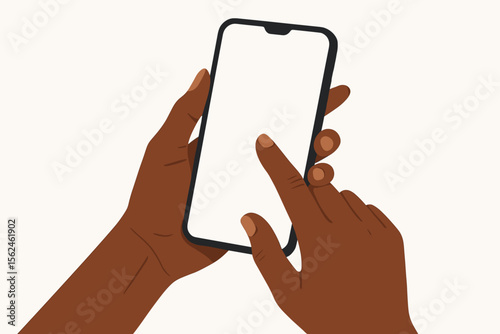 Hands of a black woman holding a smartphone with a blank screen for mockup. African American person using a mobile phone, finger touching the display. Modern flat vector illustration.
