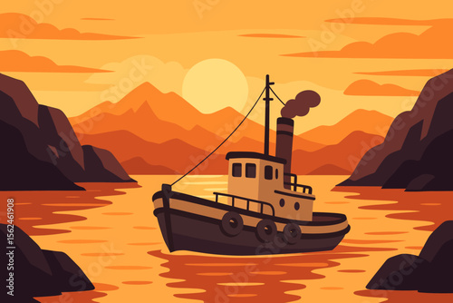 Old tugboat sailing in a bay at sunset with a mountain view. Vintage ship cruising on the sea between rocky cliffs. Fjord landscape at golden hour. Flat vector illustration.