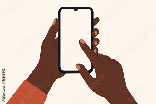 African American woman hands holding smartphone with a blank white screen. Black person touching mobile phone display. Modern flat vector illustration for technology app mockup.