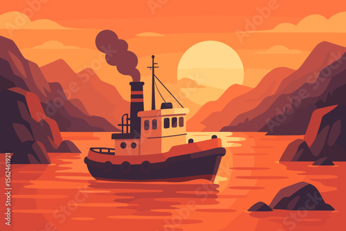Vintage tugboat steaming through a mountain fjord at sunset. Old ship sailing in a rocky bay. Scenic maritime landscape with orange sun and water. Vector flat illustration.