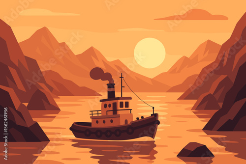 Old tugboat sailing in a mountain bay at sunset. Vintage steamboat navigating a fjord with rocky cliffs. Scenic landscape with sun. Flat vector illustration for transport.