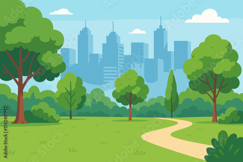 City park with green lawn, trees and a path in front of a modern cityscape skyline. Summer urban landscape background. Public green space and nature in the city concept. Vector.