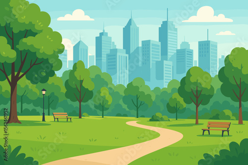 Summer city park vector illustration with green grass and trees. Urban public space for recreation. Cityscape with skyscrapers background. Metropolis skyline and nature landscape.