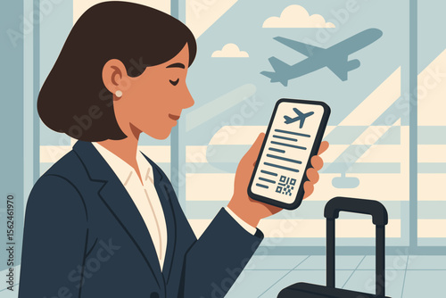 Business woman at airport checking flight e-ticket on smartphone. Female traveler with luggage using mobile app for online check-in. Digital boarding pass with QR code concept.