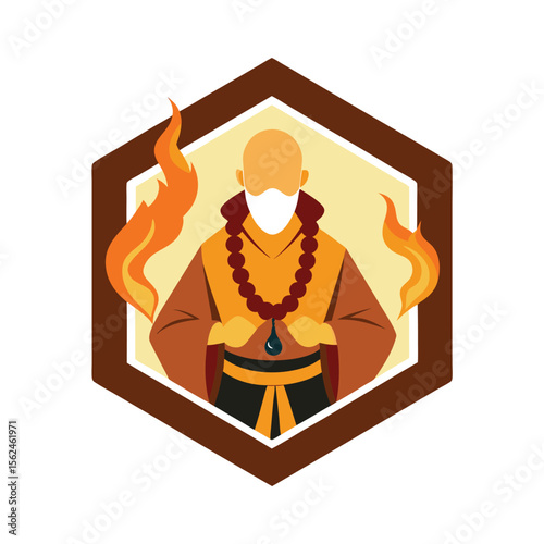 Warrior monk with glowing prayer beads in fire stance Vector illustration