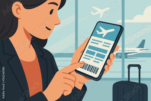 Business woman at airport checking flight e-ticket on smartphone. Traveler with luggage using mobile app for online check-in and booking. Digital boarding pass with barcode concept.