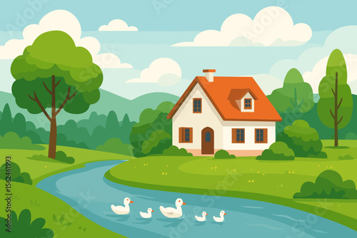 Cute cartoon house on the river bank in a summer rural landscape. Countryside scenery with ducks, green lawn, trees, forest and hills. Peaceful village life vector illustration.