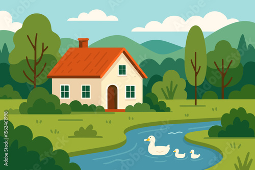 Idyllic summer countryside landscape with a cozy cottage on the river bank. Duck family with ducklings swimming in the water. Peaceful rural scene with forest, hills and green trees. Vector.
