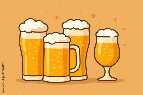 Beer glasses and mugs collection. Assortment of draught beer pints with foam. Flat vector cartoon illustration for pub menu, brewery design, bar graphic, or Oktoberfest party.