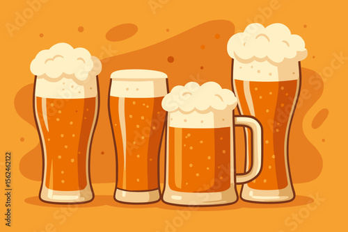 Set of various beer glasses and mugs with frothy foam. Draft lager or ale in pint and pilsner glass. Modern flat vector cartoon illustration for pub menu, brewery, bar, or Oktoberfest.