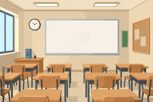 Modern empty classroom interior background. School or university lecture hall with student desks, chairs, and a large blank whiteboard. Educational concept vector cartoon illustration.