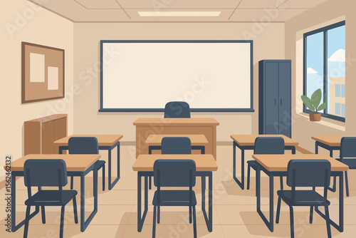 Empty classroom interior with desks, chairs, and a blank whiteboard. School or university lecture hall background. Modern flat vector cartoon illustration for education concepts.
