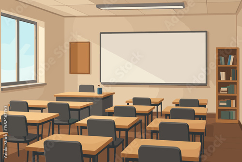 Empty classroom interior with teacher desk, student chairs, and a blank whiteboard for copy space. Modern school or university lecture hall background. Flat cartoon vector illustration.