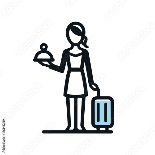 Hotel staff member holding a service platter and pulling a suitcase  