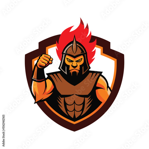 Aggressive gladiator with lion helmet in ancient battlefield stance Vector illustration