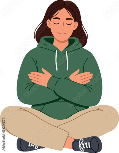 Woman in green hoodie practicing meditation with crossed arms and closed eyes vector illustration 