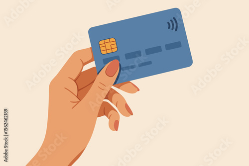 Woman's hand with manicure holding blue bank credit card. Contactless NFC payment. Modern flat cartoon vector illustration. Concept for finance, shopping, e-commerce, transaction.