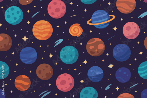 Space seamless pattern with cute cartoon planets and stars. Cosmic kids background with galaxy, comets and solar system objects. Vector illustration for nursery wallpaper or fabric print.