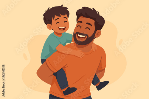 Happy Indian father giving son a piggyback ride. Joyful family bonding concept for Father's Day. Cheerful parent and child playing together. Modern flat vector cartoon illustration.