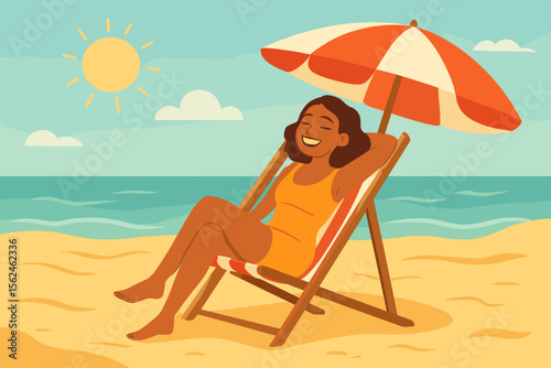 Happy young woman in swimsuit relaxing on a deck chair under an umbrella at the beach. Summer vacation and travel concept. Serene character sunbathing by the sea. Flat vector illustration.
