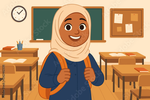 Smiling Muslim student girl in hijab with backpack in school classroom. Back to school concept. Modern flat vector illustration of a happy pupil. Education, diversity and inclusion.