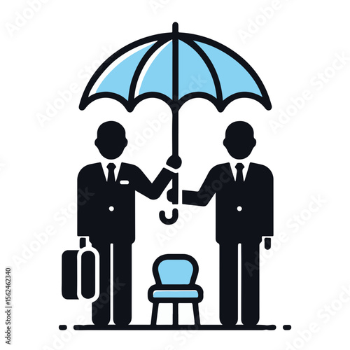 Two businessmen shaking hands under blue umbrella with a chair  