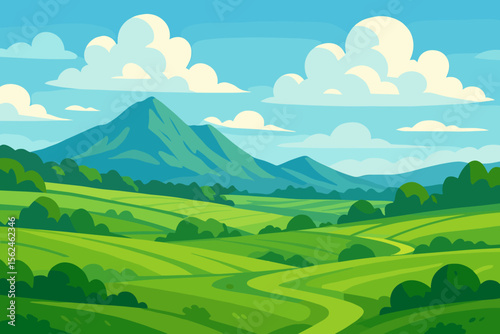 Beautiful summer mountain landscape with green rolling hills, fields and a winding path. Scenic nature valley background with blue sky and clouds. Modern flat cartoon vector illustration.
