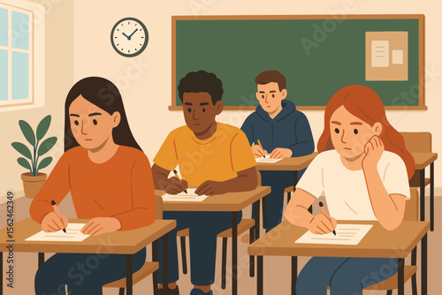 Diverse high school students taking an exam in a classroom. Concentrated teenagers writing a final test at school desks. Education, learning, and assessment concept. Flat vector.