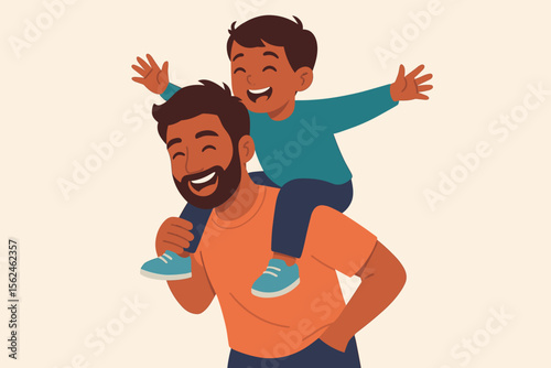 Smiling Indian father carrying his son on shoulders. Happy family, parent and child bonding. Fatherhood, parenthood and Father's Day concept. Modern flat vector cartoon illustration.