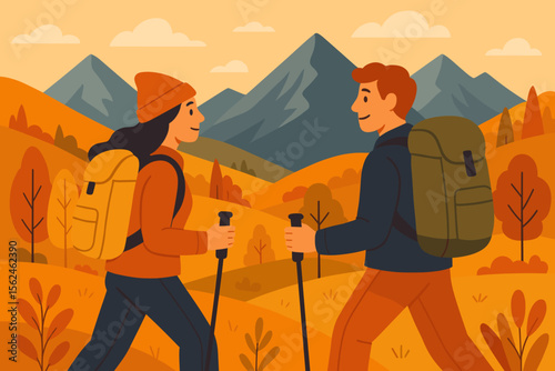Couple hiking adventure in autumn mountains. Man and woman with backpacks and trekking poles walk on a trail. Active outdoor lifestyle, tourism, and exploration. Flat vector cartoon.