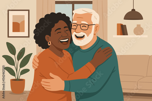 Loving mature multiethnic couple embracing at home, happy interracial relationship, affectionate hug, cozy living room, modern flat vector illustration, diversity, togetherness, family love