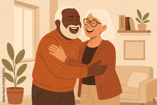 Mature multiethnic couple embracing at home, affectionate senior partners, love, diversity, cozy living room, flat vector illustration, retirement, companionship, interracial relationship, happiness