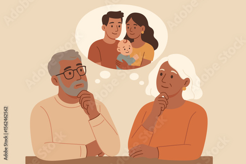 Mature interracial couple contemplating future family, grandparents thinking about children and grandchildren, generational connection, family planning, love, hope, modern flat vector illustration