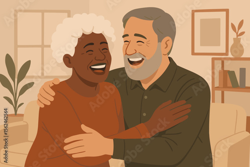 Mature multiethnic couple embracing at home, affectionate relationship, love and companionship, cozy living room interior, modern flat vector illustration, diversity, togetherness, senior romance