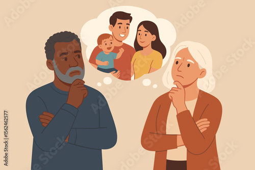 Thoughtful mature multiethnic couple imagining future family, grandparents pondering next generation, diverse elderly people dreaming about children and grandchildren, flat vector illustration