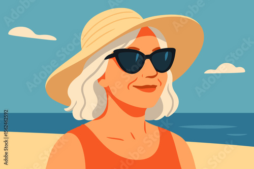 Senior woman at beach in sun hat and sunglasses. Modern flat vector illustration. Summer vacation, seaside relaxation, elderly lifestyle, active retirement, travel, healthy outdoor living