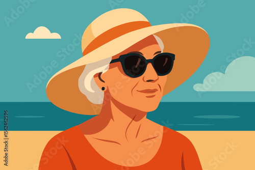 Elegant mature woman in wide-brimmed sun hat and sunglasses at beach. Summer vacation, senior lifestyle, seaside relaxation. Modern flat vector illustration. Active aging, travel, leisure concept