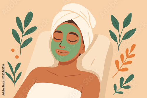 Spa relaxation woman wellness self care. African American female beauty treatment. Modern flat vector illustration. Skincare therapy. Body care. Towel wrap. Natural leaves. Healthy lifestyle.