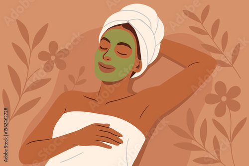 Relaxed woman enjoying spa facial mask treatment, wellness beauty self-care concept, towel wrap, serene atmosphere, modern flat vector illustration, floral background, skincare routine