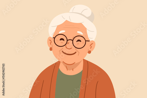 Cheerful Senior Woman Portrait. Elderly Grandmother Character with White Hair Bun, Earrings, Warm Sweater. Modern Flat Vector Illustration for Family, Aging, Generations, Grandparent Concepts