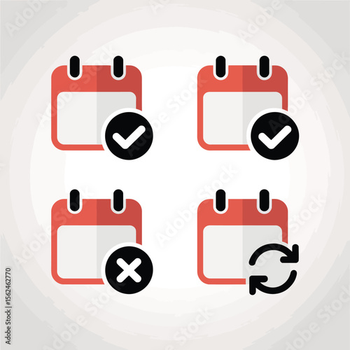 Four Calendar Icons with Checkmarks, X, and Refresh Symbols