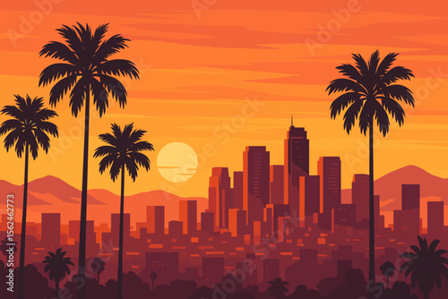 Vibrant sunset cityscape with palm trees, modern skyscrapers, and distant mountains. Urban metropolis skyline in tropical America. Panoramic evening view, dramatic orange sky, summer vacation vibe