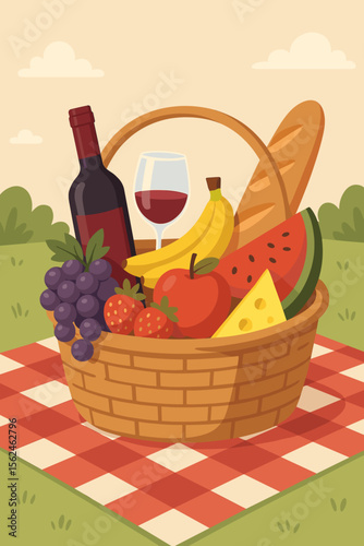 Picnic basket with wine, glass, grapes, strawberries, apple, banana, watermelon, cheese, baguette on blanket. Outdoor food assortment for romantic lunch in nature. Vector illustration